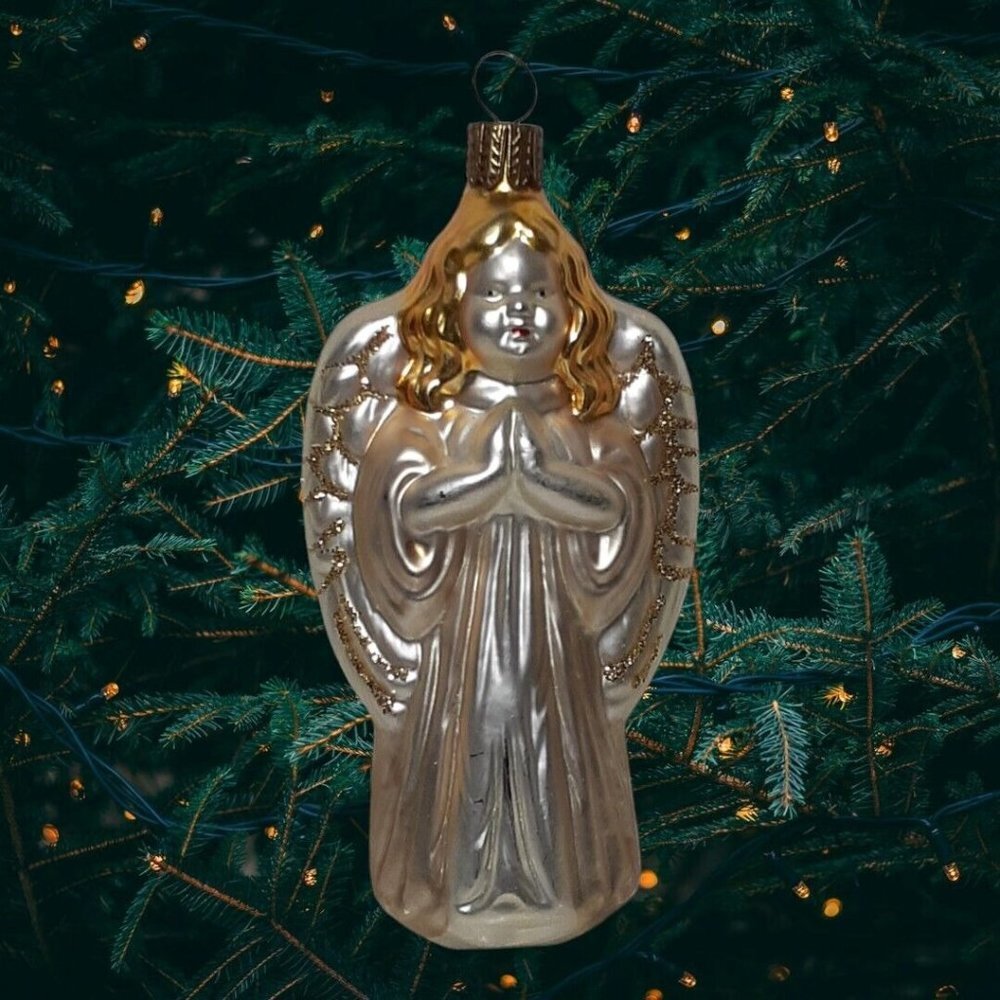 Vintage Germany Golden Hair Angel Frosted with Gold Glitter Ornament 5"